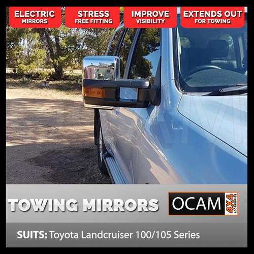 OCAM Extendable Towing Mirrors For Toyota Landcruiser 100 Series Chrome, Indicators, Electric