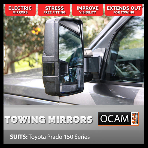 OCAM Extendable Towing Mirrors For Toyota Prado 150 Series, Black, Electric