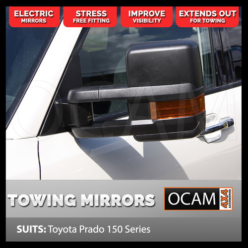 OCAM Extendable Towing Mirrors For Toyota Prado 150 Series Black Orange Indicators Electric