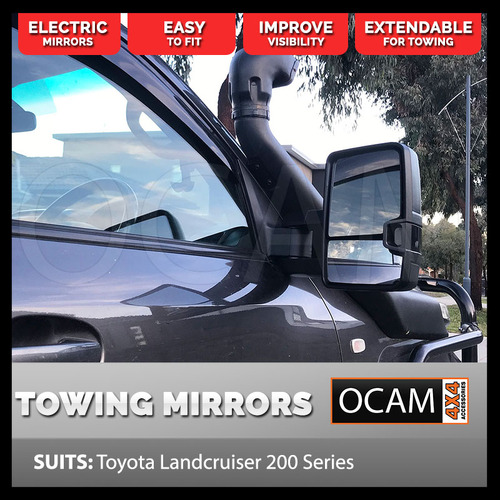 OCAM Extendable Towing Mirrors For Toyota Landcruiser 200 Series, Black, Electric