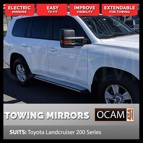OCAM Extendable Towing Mirrors For Landcruiser 200 Series, Black, Orange Indicators, Electric