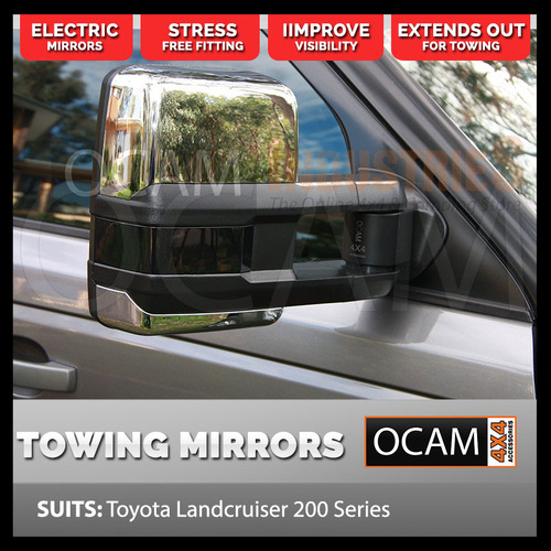 OCAM Extendable Towing Mirrors For Toyota Landcruiser 200 Series, Chrome, Electric