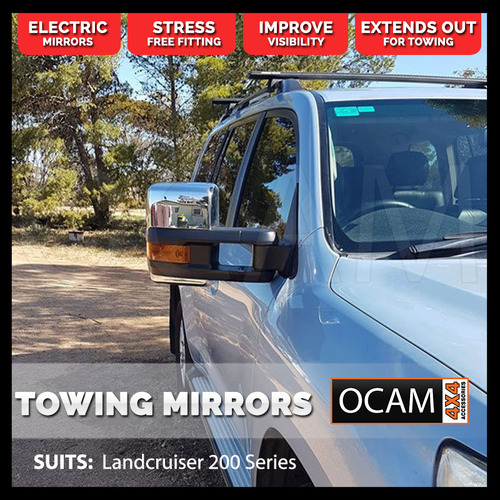 OCAM Extendable Towing Mirrors For Landcruiser 200 Series, Chrome, Orange Indicators, Electric