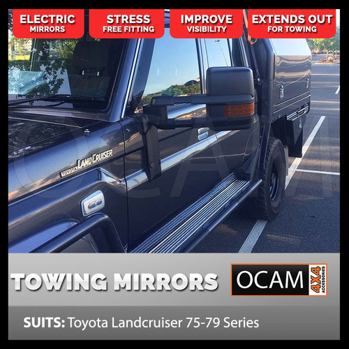 OCAM Extendable Towing Mirrors For Toyota Landcruiser 75 76 78 79 Series, Electric, Indicators, Short Model