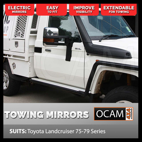 OCAM Extendable Towing Mirrors For Toyota Landcruiser 70 75 76 78 79 Chrome With Indicators, ELECTRIC