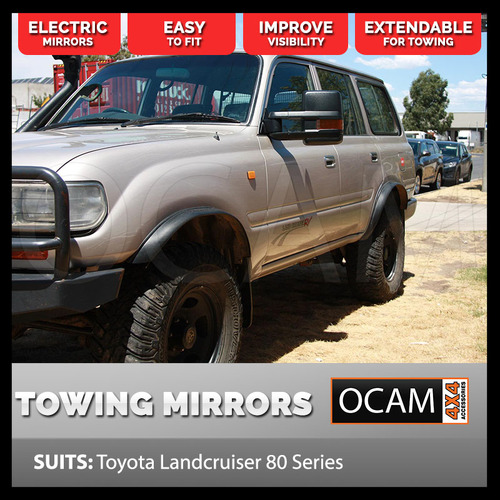 OCAM TM2 Extendable Towing Mirrors For Landcruiser 80 Series, Black, Orange Indicators, Electric