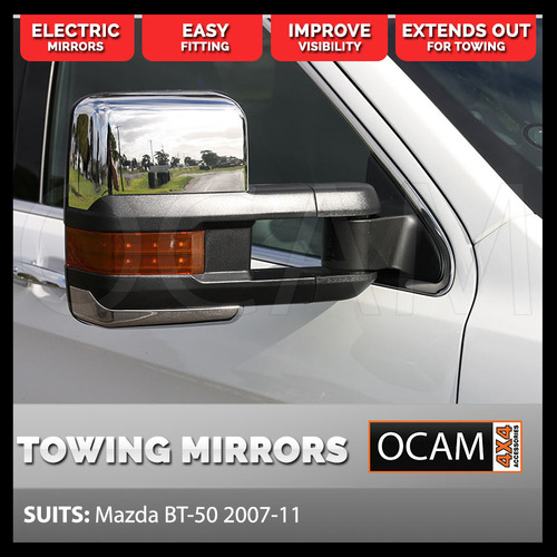 OCAM Extendable Towing Mirrors For Mazda BT-50, 2007-11, Chrome, Orange Indicators, Electric