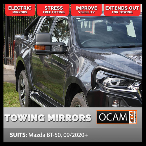 OCAM Extendable Towing Mirrors For Mazda BT-50 09/2020+ Black, Indicators, Electric