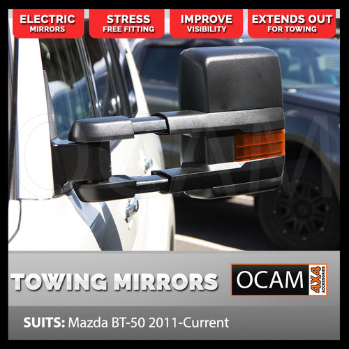 OCAM Extendable Towing Mirrors For Mazda BT-50 2011-09/2020 Black, Orange Indicators, Electric