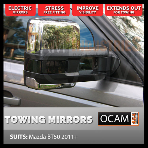 OCAM Extendable Towing Mirrors for Mazda BT-50 2011-08/2020 Chrome, Electric BT50
