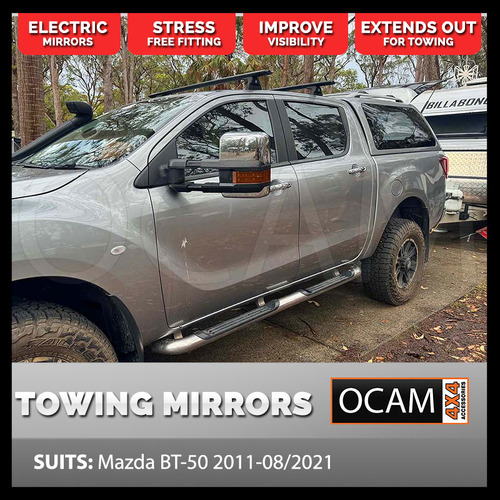 OCAM Extendable Towing Mirrors For Mazda BT-50 2011-09/2020 Chrome, Orange Indicators, Electric