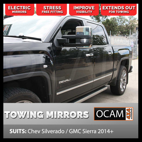 OCAM Extendable Towing Mirrors For Chev Silverado / GMC Sierra 2014-2019, Black Smoke Indicators, Electric, BSM, Heated
