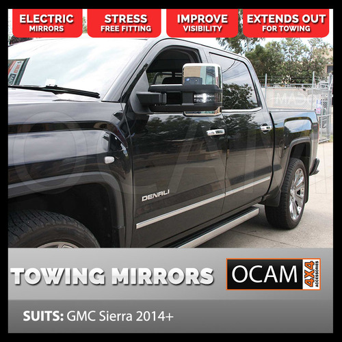 OCAM Extendable Towing Mirrors For Chev Silverado / GMC Sierra, 2014-19, Chrome, Electric, BSM, Heated