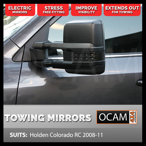OCAM Extendable Towing Mirrors For Holden Colorado RC 2008-11 Black, Smoke Indicators, Electric