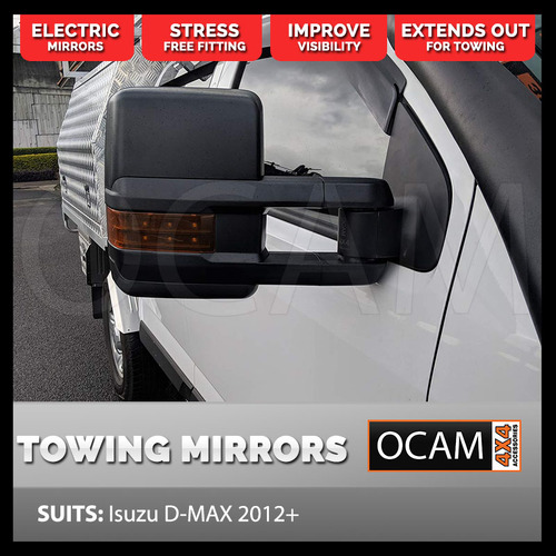 OCAM Extendable Towing Mirrors For Isuzu D-MAX 06/2012+ Black Orange Indicators, Electric