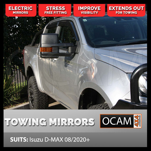 OCAM Extendable Towing Mirrors For Isuzu D-MAX 08/2020+ MY21 Black, Indicators, Electric