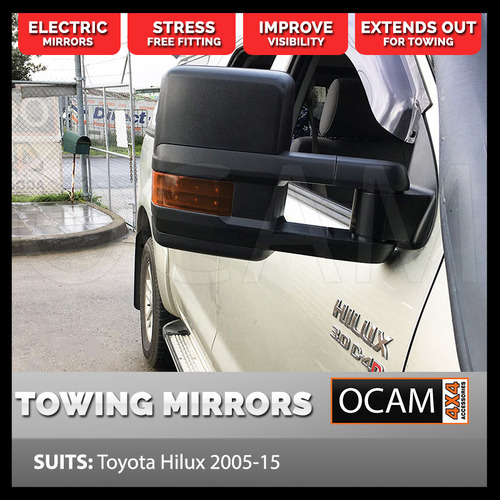 OCAM Extendable Towing Mirrors For Toyota Hilux N70 2005-15 Black Orange Indicators, Electric