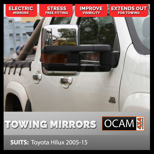 OCAM Extendable Towing Mirrors For Toyota Hilux N70 2005-15 Chrome, Orange Indicators, Electric