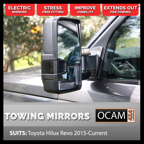 OCAM Extendable Towing Mirrors For Toyota Hilux N80 2015-Current, Black, Electric