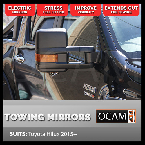 OCAM Extendable Towing Mirrors For Toyota Hilux N80 2015-22 Black, Orange Indicators, Electric