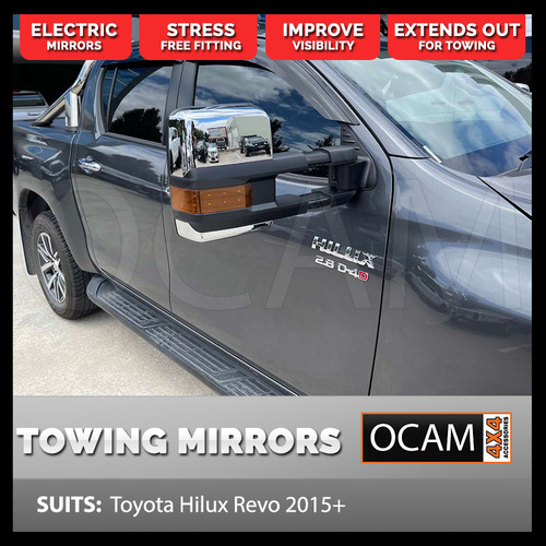OCAM Extendable Towing Mirrors For Toyota Hilux N80 2015-22 Chrome, Orange Indicators, Electric