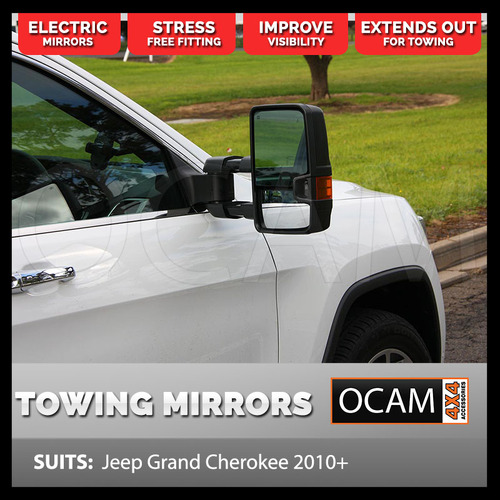 OCAM Extendable Towing Mirrors For Jeep Grand Cherokee 2011-Current, Black Orange Indicators, Electric, BSM, Heated