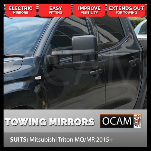 OCAM Extendable Towing Mirrors For Mitsubishi Triton MQ/MR 2015+ Black, Electric