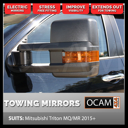 OCAM Extendable Towing Mirrors for Mitsubishi Triton MQ MR 05/2015-2023 Black, Orange Indicators, Electric