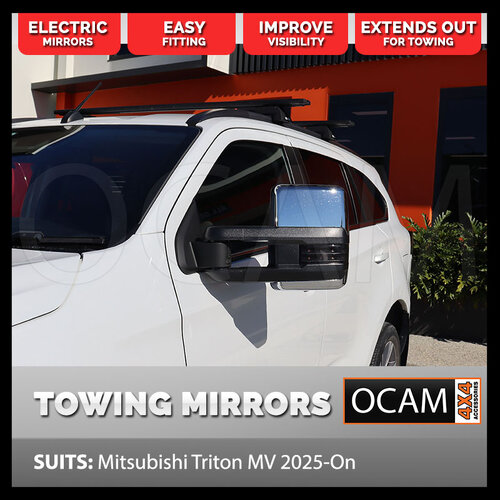 OCAM Extendable Towing Mirrors for Mitsubishi Triton MV 2024-On, Chrome, Smoked Indicators, Electric, Blind Spot Monitoring, Heated