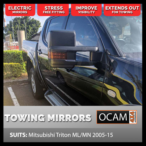 OCAM TM2 Extendable Towing Mirrors For Mitsubishi Triton ML/MN 2005-15 Black, Orange Indicators, Electric