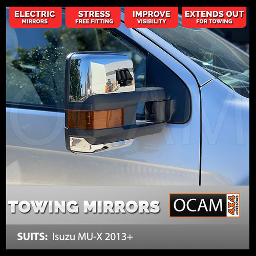 OCAM Extendable Towing Mirrors For Isuzu MU-X 2013-07/2021 Chrome, Orange Indicators, Electric