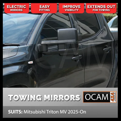 OCAM Extendable Towing Mirrors for Nissan Navara D27 2026 - Current, Black, Smoked Indicators, Electric, Blind Spot Monitoring, Heated