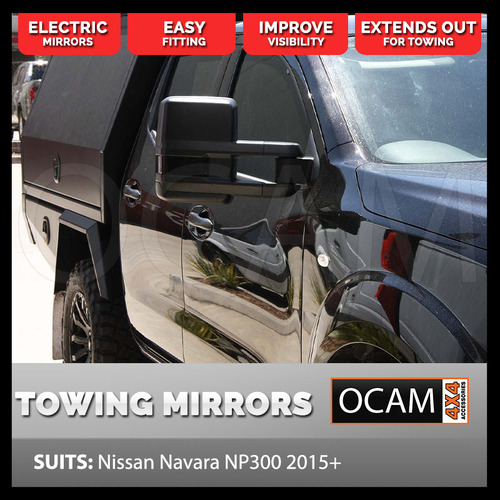 OCAM Extendable Towing Mirrors for Nissan Navara NP300 07/2015-Current, Black, Electric