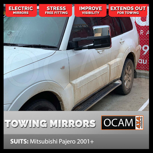 OCAM Extendable Towing Mirrors For Mitsubishi Pajero 2001+ Chrome, Electric