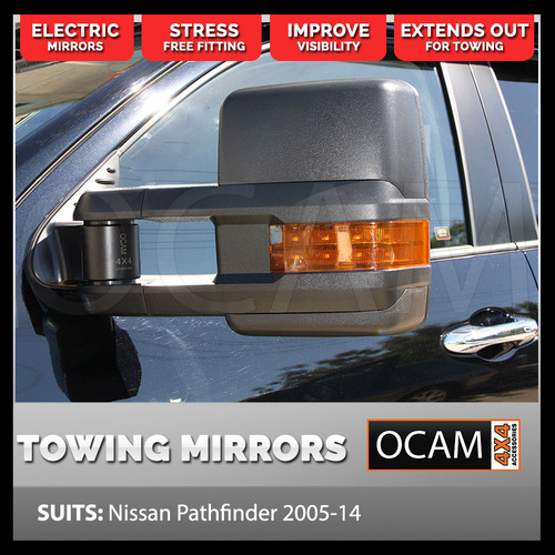 OCAM Extendable Towing Mirrors For Nissan Pathfinder R51 2005-14 Black, Orange Indicators, Electric