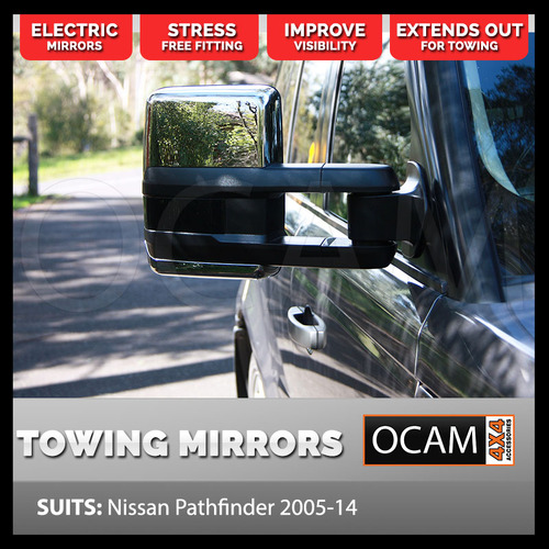 OCAM Extendable Towing Mirrors For Nissan Pathfinder R51 2005-14 Chrome, Electric