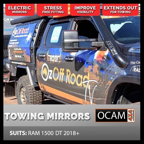OCAM Extendable Towing Mirrors For RAM 1500 DT, 2018-Current, Black, Electric, Heated