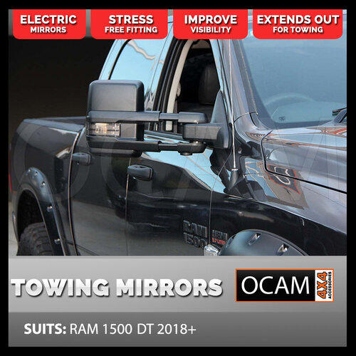 OCAM Extendable Towing Mirrors For RAM 1500 DT, 2018-Current, Black, Electric, Heated, Puddle Lamp