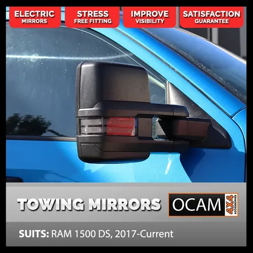 OCAM Extendable Towing Mirrors For RAM 1500 DS, 2017-Current, Black, Electric, Heated