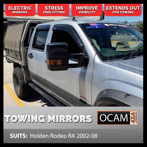 OCAM Extendable Towing Mirrors For Holden Rodeo RA 2003-08 Black, Orange Indicators, Electric