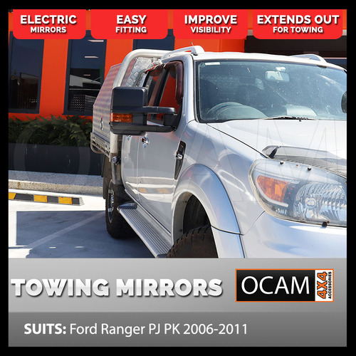 OCAM Extendable Towing Mirrors For Ford Ranger PJ PK 2006-2011, Black, Orange Indicators, Electric