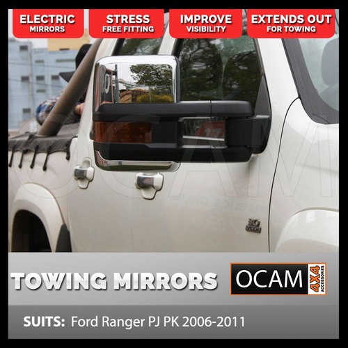 OCAM Extendable Towing Mirrors For Ford Ranger PJ PK 2006-11, Chrome, Orange Indicators, Electric