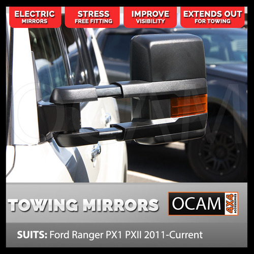 OCAM Extendable Towing Mirrors For Ford Ranger PX 2011-06/2022, Black, Indicators, Electric