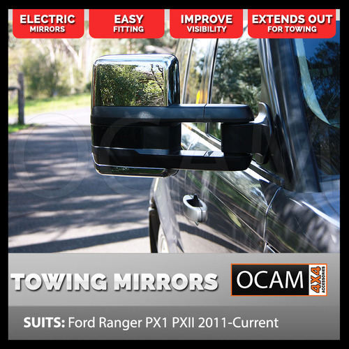 OCAM Extendable Towing Mirrors For Ford Ranger PX 2011-06/2022, Chrome, Electric