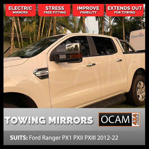 OCAM Extendable Towing Mirrors For Ford Ranger PX 2011-Current, Chrome, Orange Indicators, Electric