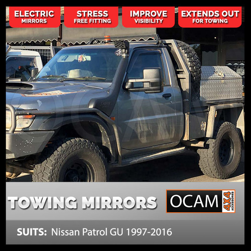 OCAM Extendable Towing Mirrors For Nissan Patrol GU, Y61, Black, Short, Electric