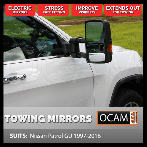 OCAM Extendable Towing Mirrors For Nissan Patrol GU, Y61, Black With Orange Indicators, Electric