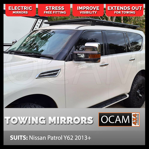 OCAM Extendable Towing Mirrors For Nissan Patrol Y62 2012+ Chrome with Orange Indicators, Electric, Heated