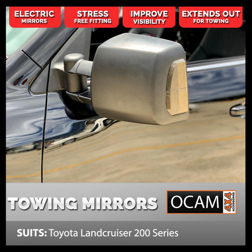 OCAM TM3 Towing Mirrors For Landcruiser 200 Series, Black, Smoke Indicators, Electric