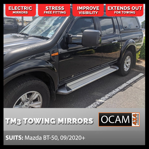 OCAM TM3 Extendable Towing Mirrors For Mazda BT-50 09/2020+ Black, Indicators, Electric